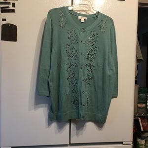Vtg CJBanks 1X sea-foam green embroidered cardigan